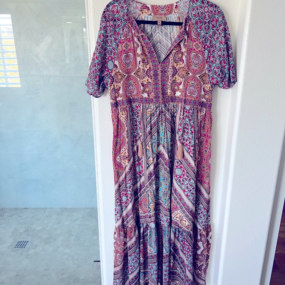 EUC Anthropologie Maxi Dress pretty pink, turquoise print. Boho style. Sz. M